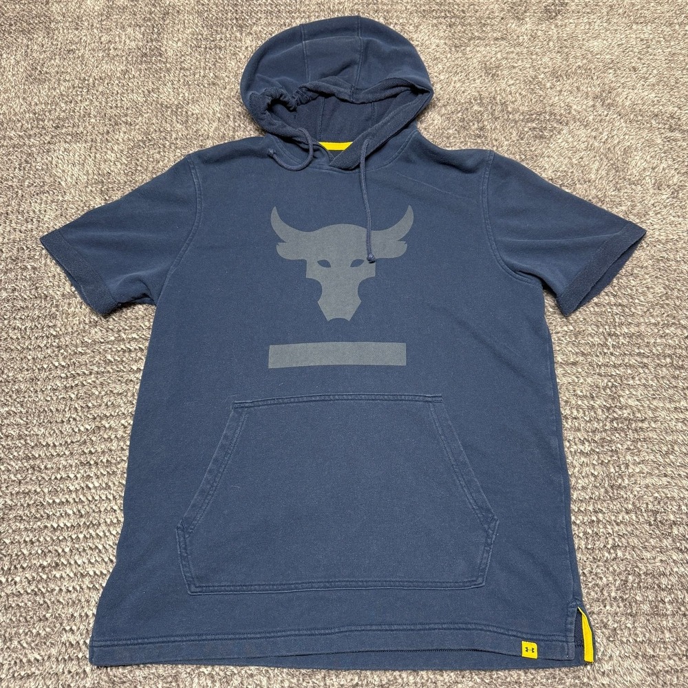 Under Armour Project Rock Mens Short Sleeve Hoodie Size‎ M Blue Brahma Bull Logo